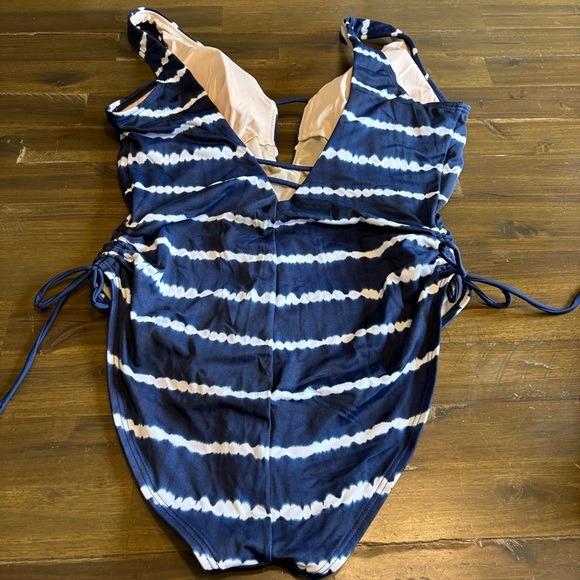 Plus Size Tie Dye Side Tie One Piece Deep V Ruching Flattering 1X Stripe - Picture 4 of 6